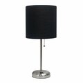 Creekwood Home Oslo 19.5in Contemporary Power Outlet Base Metal Table Lamp, Brushed Steel, Black Drum Fabric Shade CWT-2009-BK